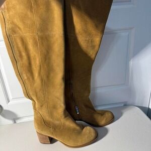 Marc Fisher Suede Over The Knee Boots Tan Block Heel Side Zip Women Size 6